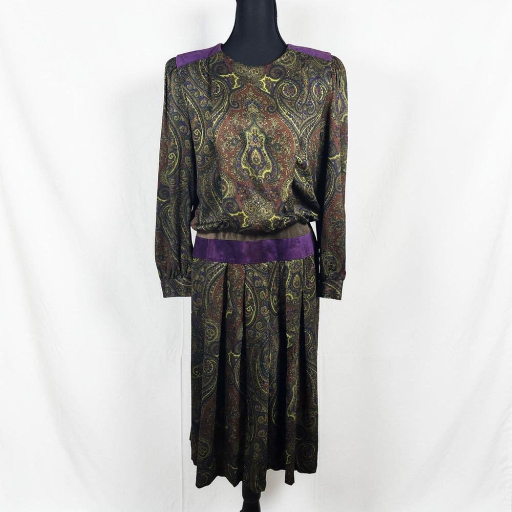 Vintage Patty O'Neil Petites Paisley Midi Dress Purple‎ Suede Trim Rayon Size 12